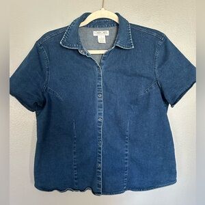 VTG Cherokee Stretch Blue Denim Snap Button Up Short Sleeve Shirt Women’s Large